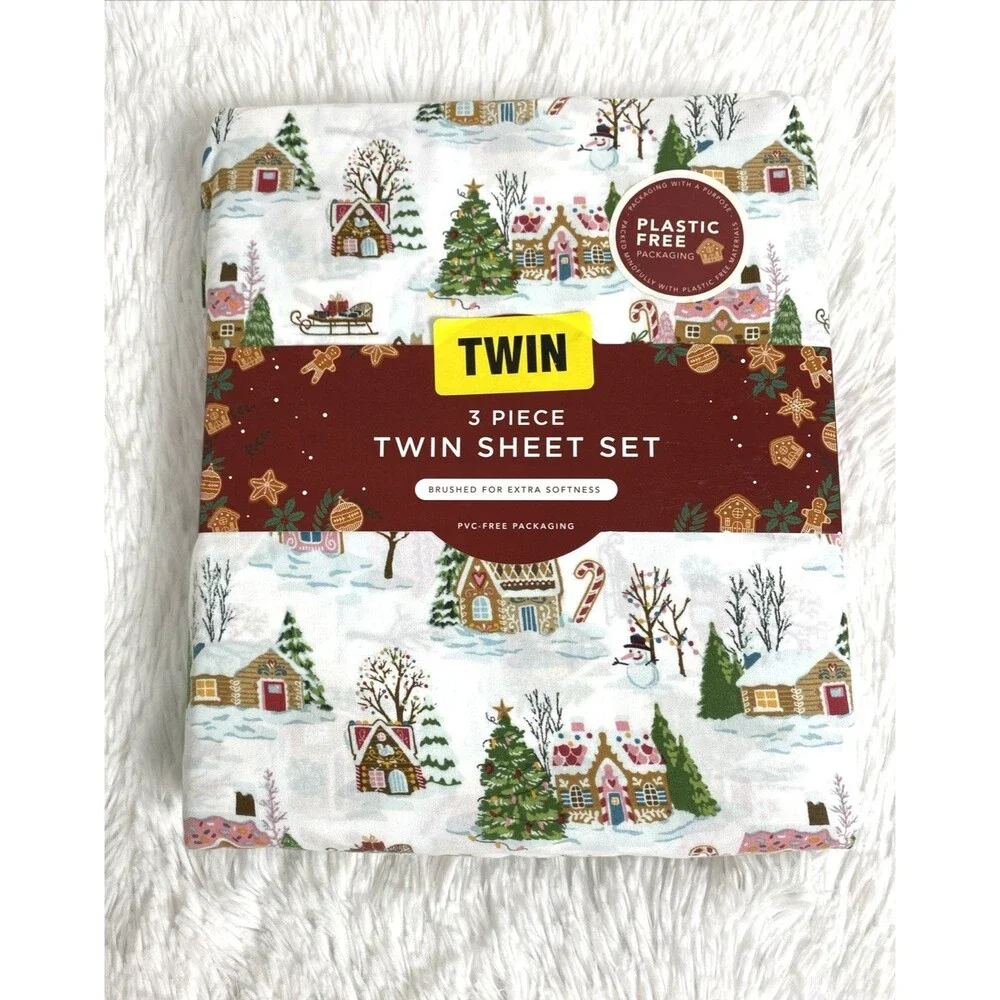 Envogue Gingerbread Town House Twin Sheet Set Christmas Pastel 3 Pieces Holidays